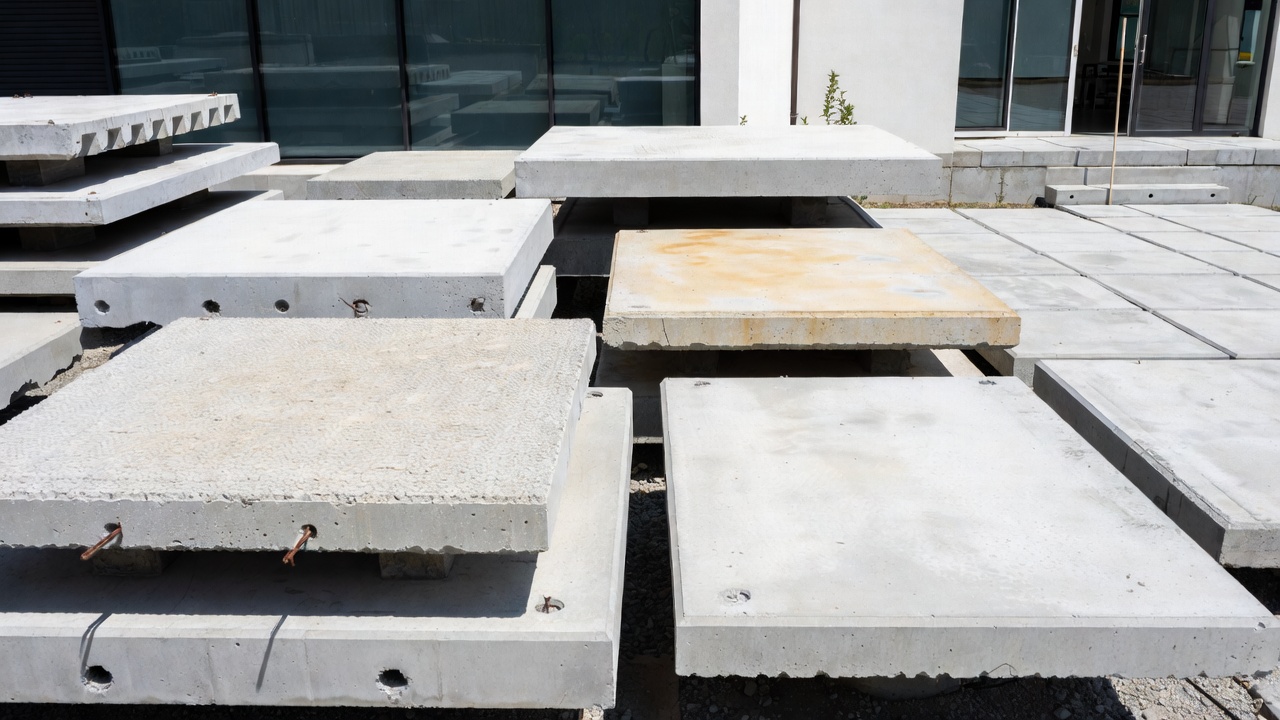 Assortment of concrete slabs in different shapes, including rectangular and circular, in an industrial storage yard.