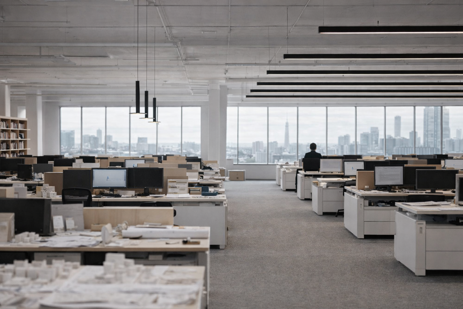 Lonely architect working in a huge open-plan architecture firm with desks.