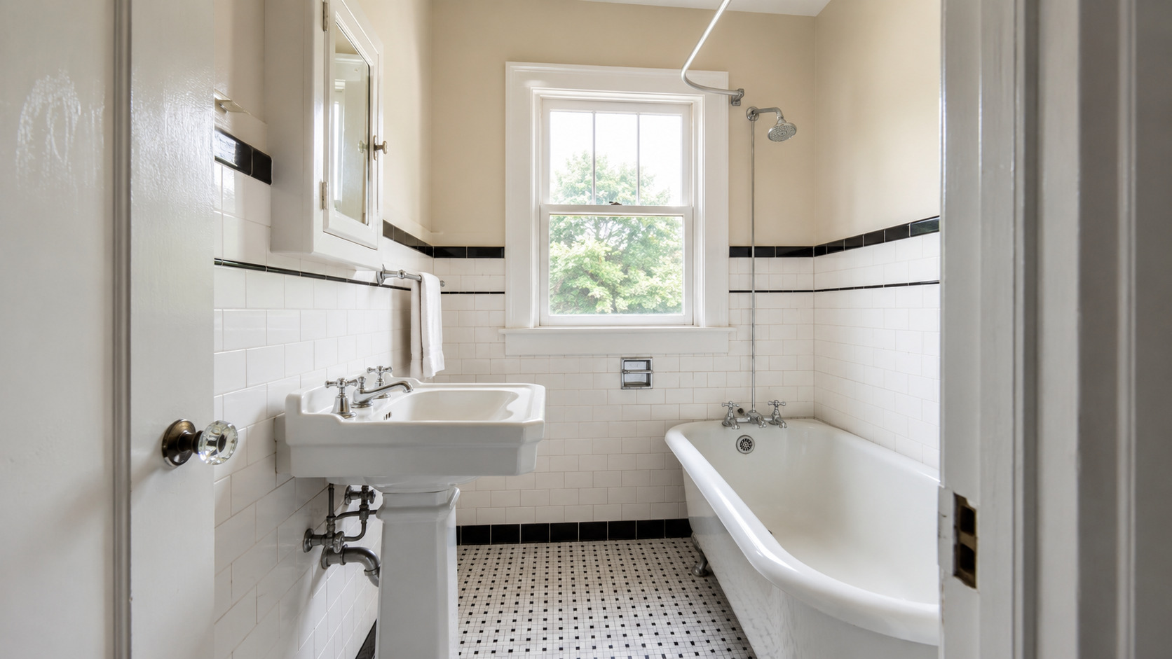Vintage 1930s bathroom with pedestal sink, clawfoot tub, white tile, and chrome fixtures.