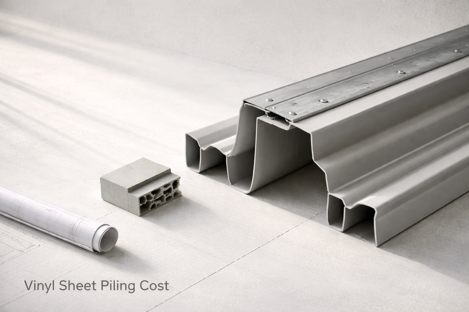 Close-up vinyl sheet piling sections and cap detail on pale concrete, used for cost context.