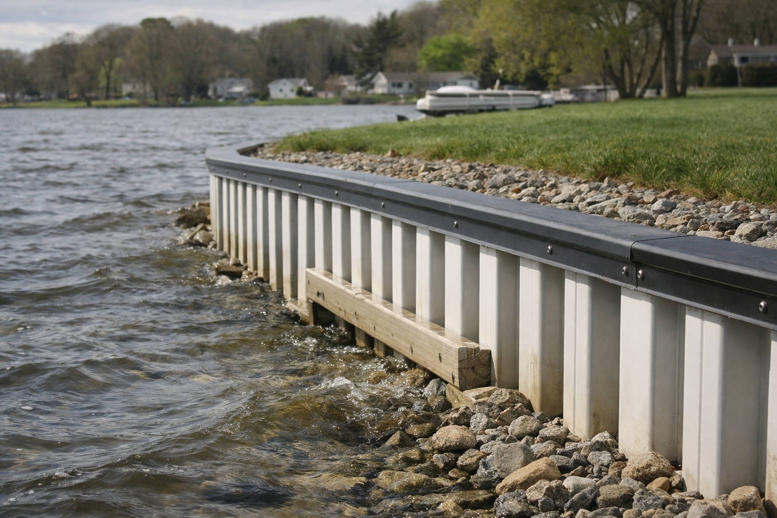 Lakeside vinyl sheet piling seawall with rock backfill and active wave exposure.