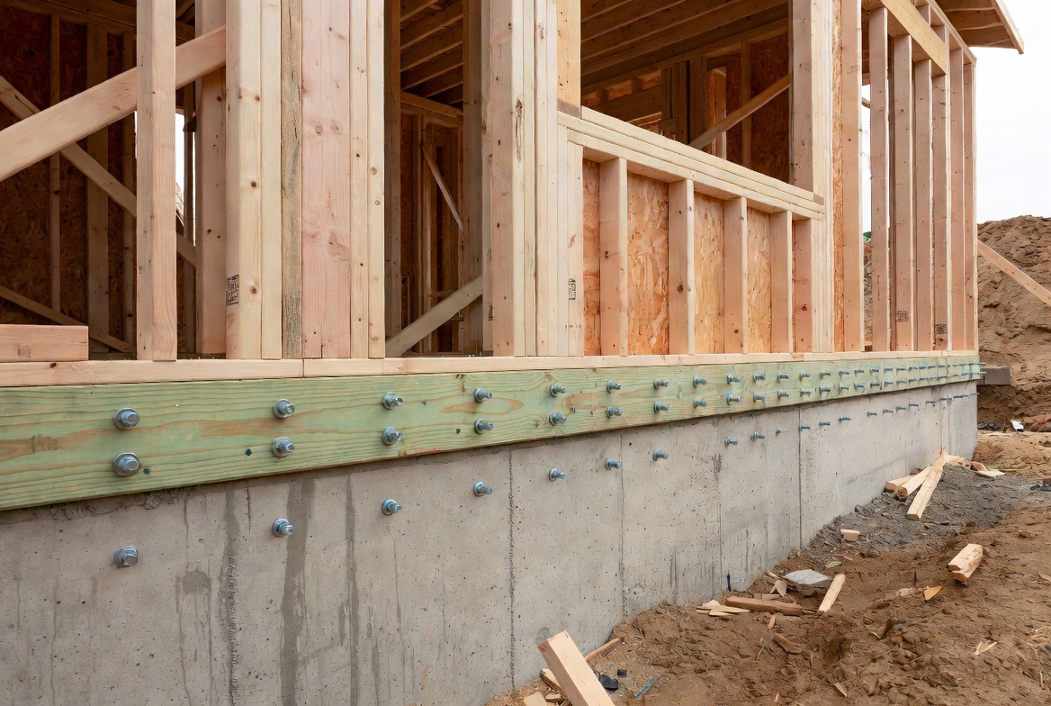 Wall framing anchored to a concrete foundation with a pressure-treated sill plate and anchor bolts.