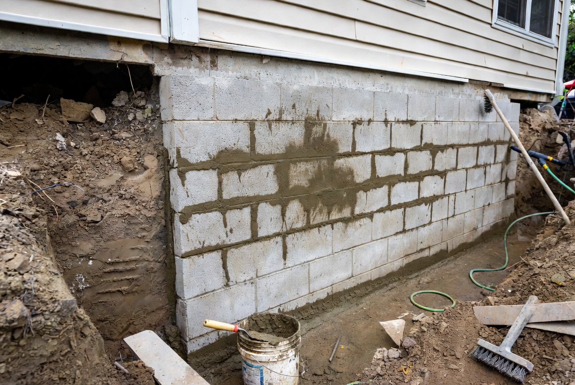 Foundation wall repairs and surface prep before exterior waterproofing installation.