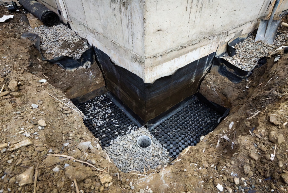 Exterior foundation waterproofing layer at corner with drainage board and footing gravel.