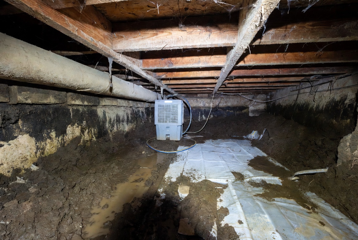 Wet crawl space with puddles, exposed soil, and a dehumidifier set on a loose liner.