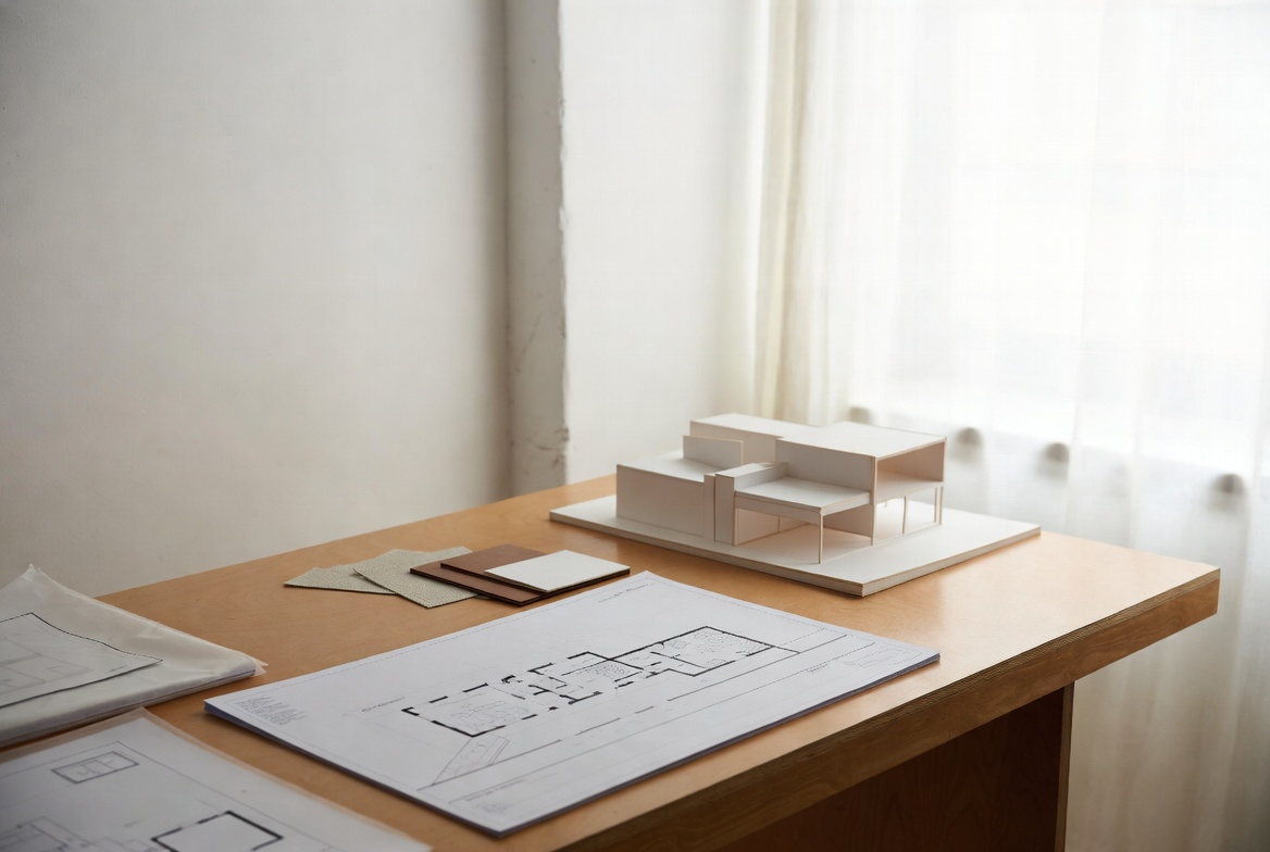 Architectural study model, floor plan, and material samples on a design desk.