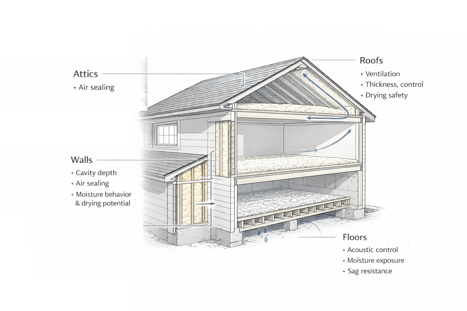 House section showing where sustainable insulation works best in walls, attics, floors, and roofs.