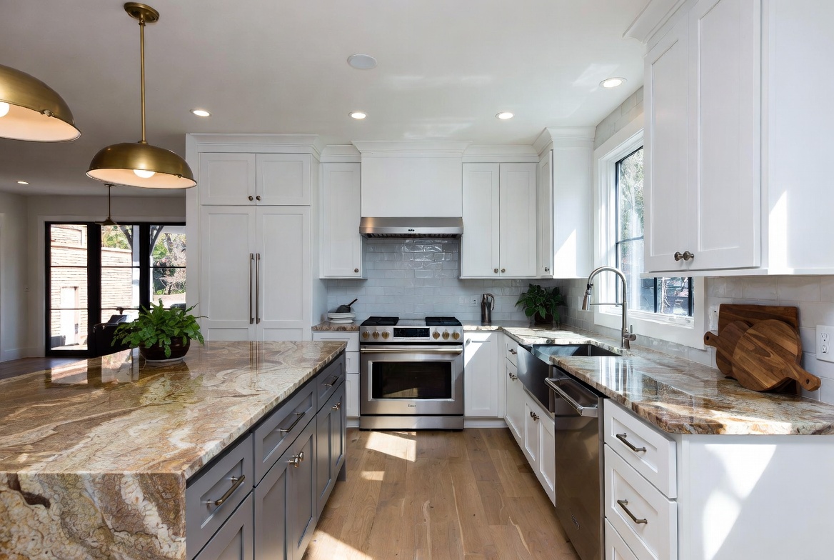 Close-up of white shaker kitchen cabinets meeting polished brown granite countertop with warm caramel and gold veining, brushed brass hardware.