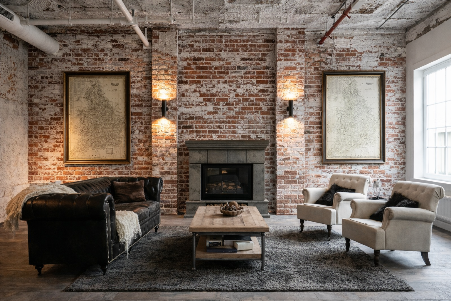 White industrial loft living room with rough plaster ceiling, exposed brick accents, leather sofa and fireplace.