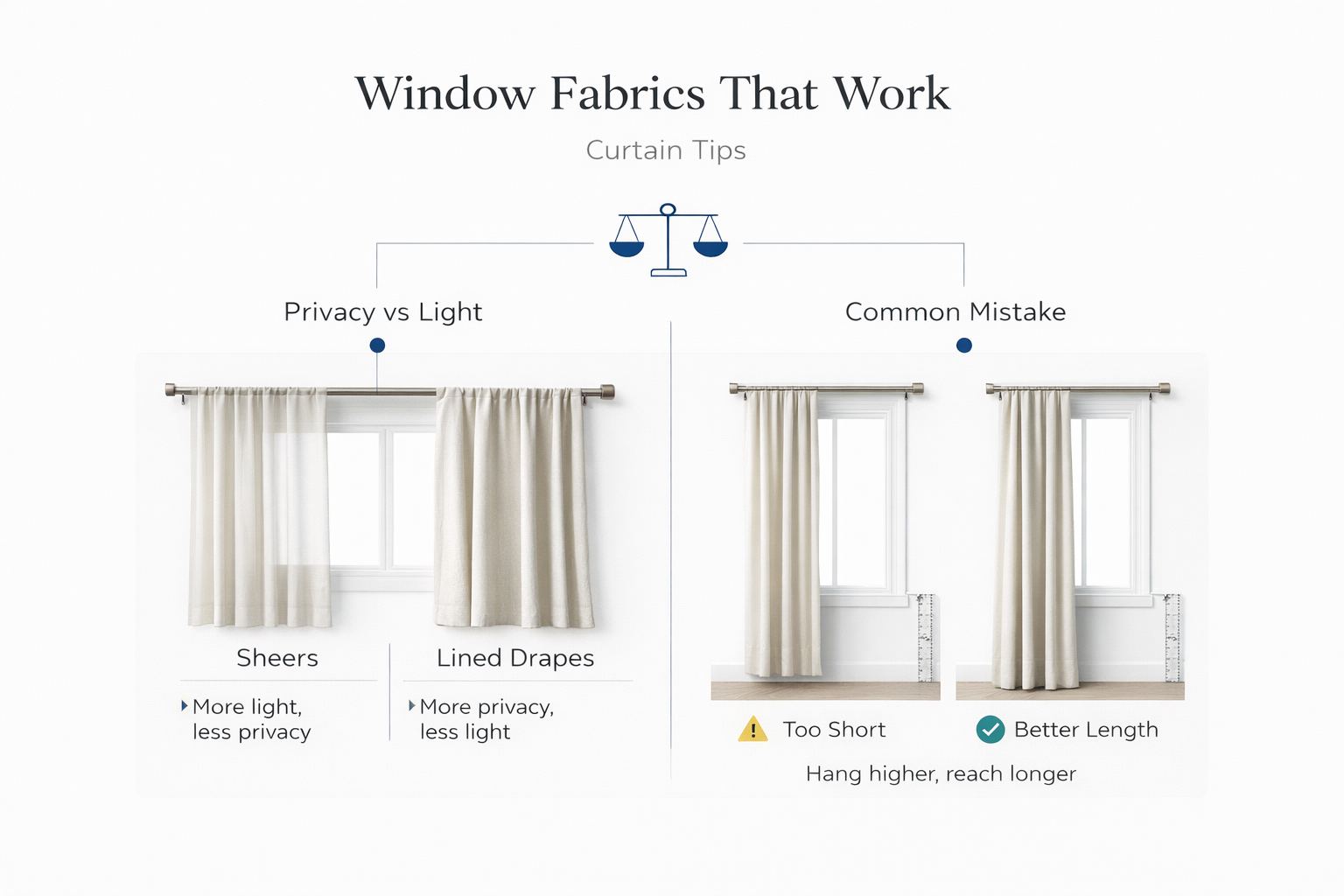 Window fabrics diagram comparing sheers and lined drapes plus curtain length sizing guidance.