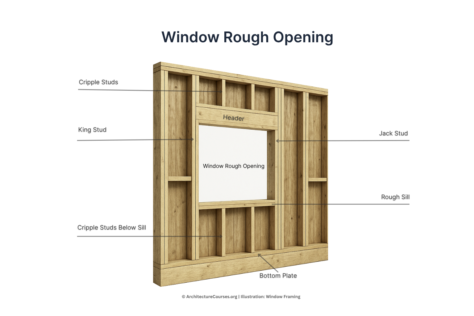 Window rough opening framing diagram with header, king stud, jack stud, rough sill, cripple studs, and bottom plate.
