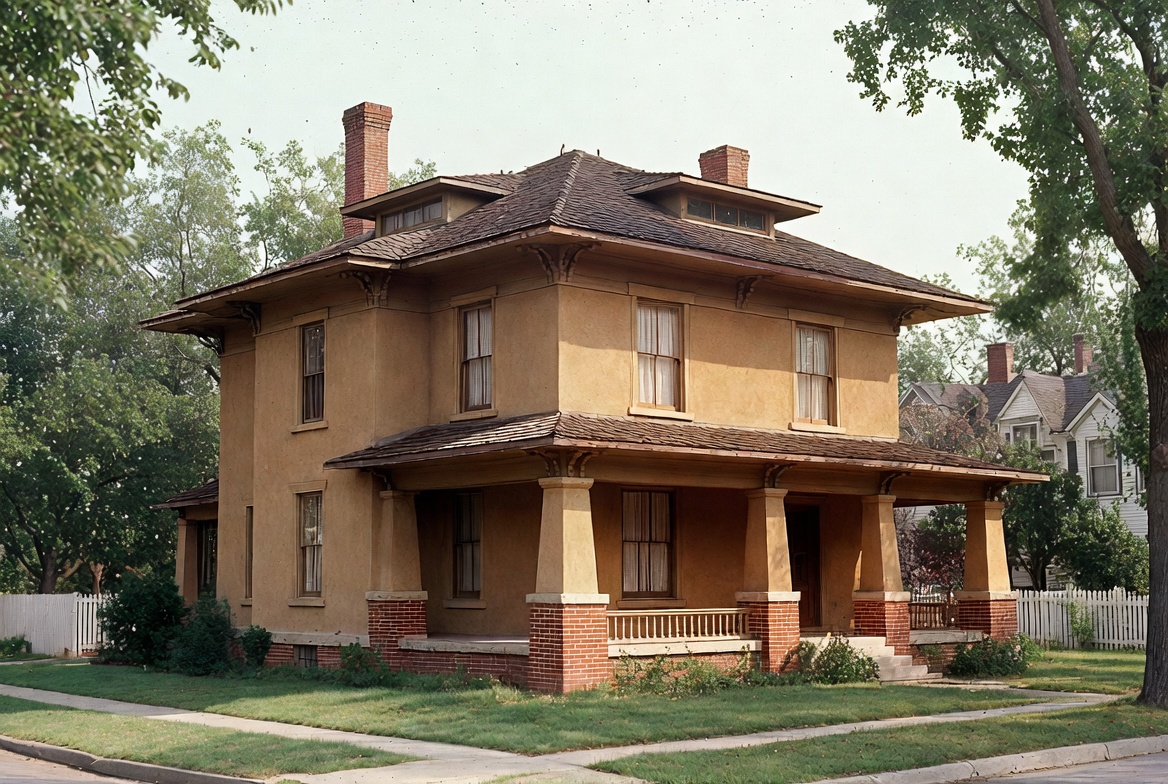 1910s American Foursquare house with boxy massing, hipped roof, and a full-width front porch.