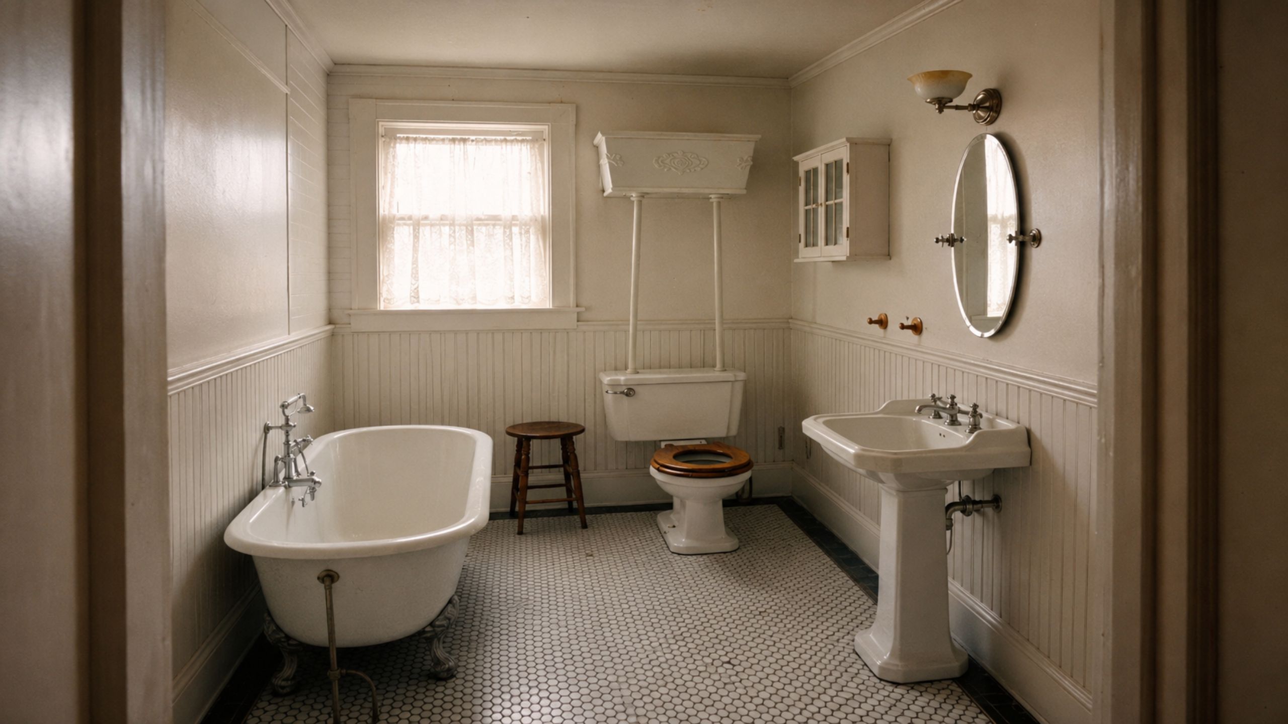1910s bathroom with clawfoot tub, pedestal sink, high-tank toilet, beadboard walls, and hex tile floor.