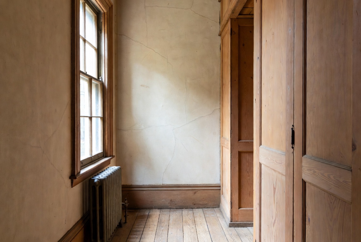 Small 1910s room with shallow closet, plaster cracks, wood floor, radiator, and tall double-hung window.