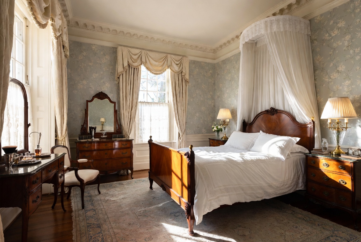 1910s-formal-bedroom.jpg Alt Formal early-20th-century bedroom with carved wood furniture, patterned wallpaper, and layered window drapery.