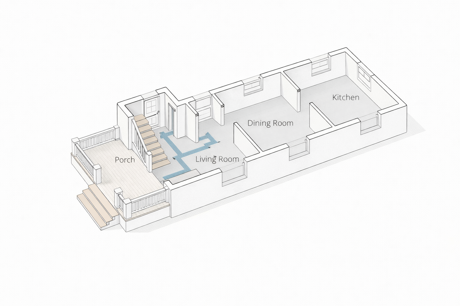 Cutaway plan of a typical 1910s house showing porch, entry hall, living room, dining room, and kitchen in sequence.