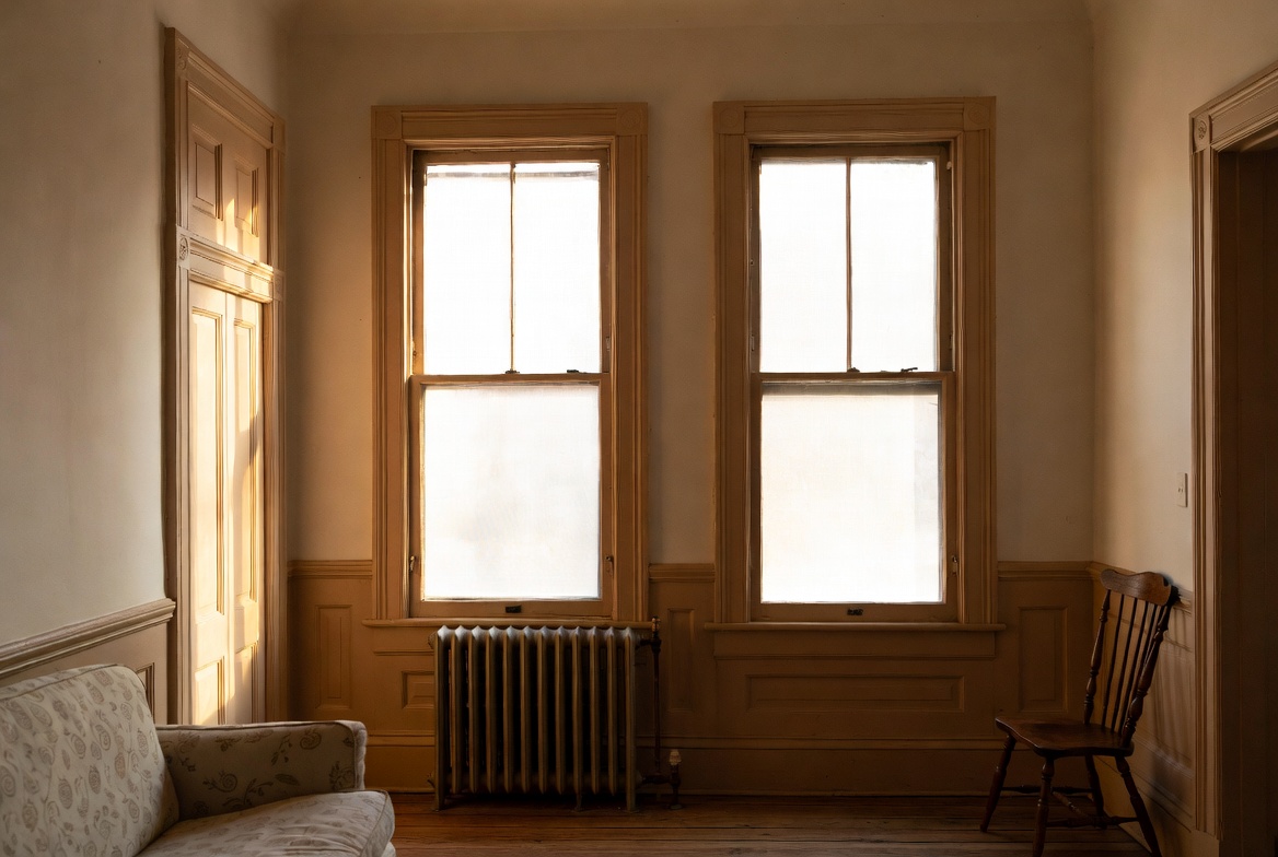 1910s interior room with tall double-hung windows, paneled lower walls, radiator, and simple wood floor.