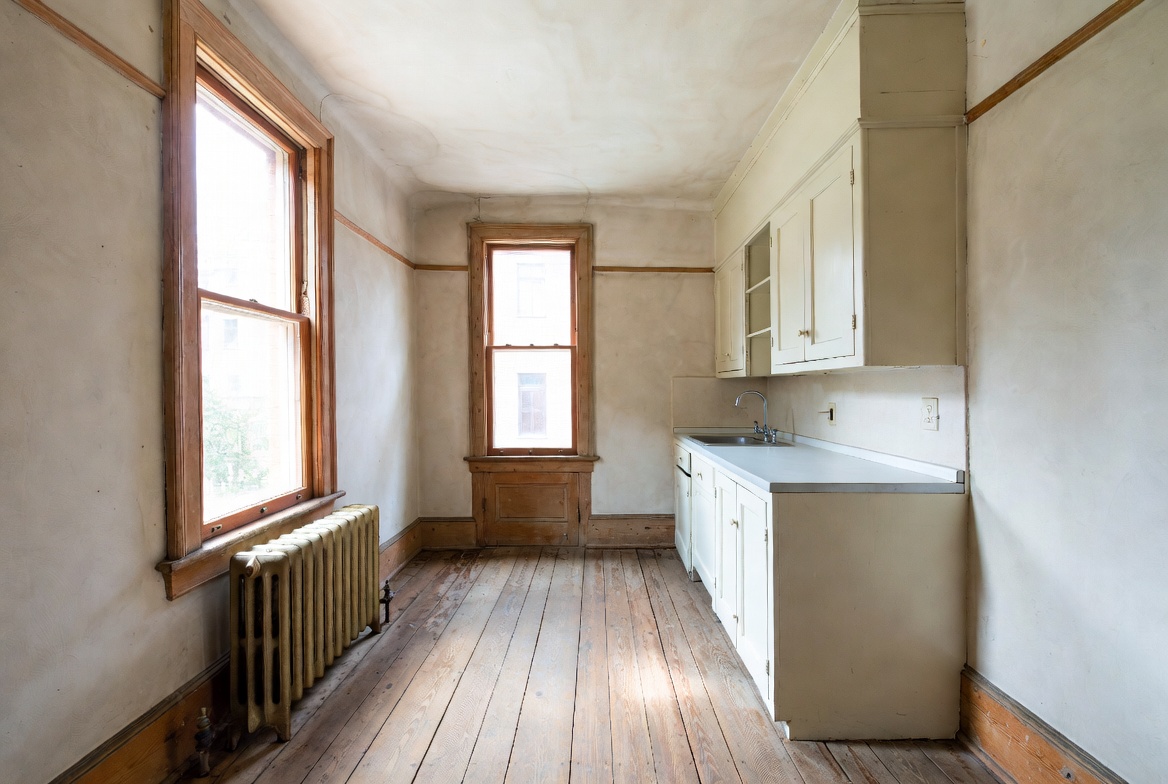 Narrow kitchen inside a 1910s house with plaster walls, wood trim, radiator, and later basic cabinets.