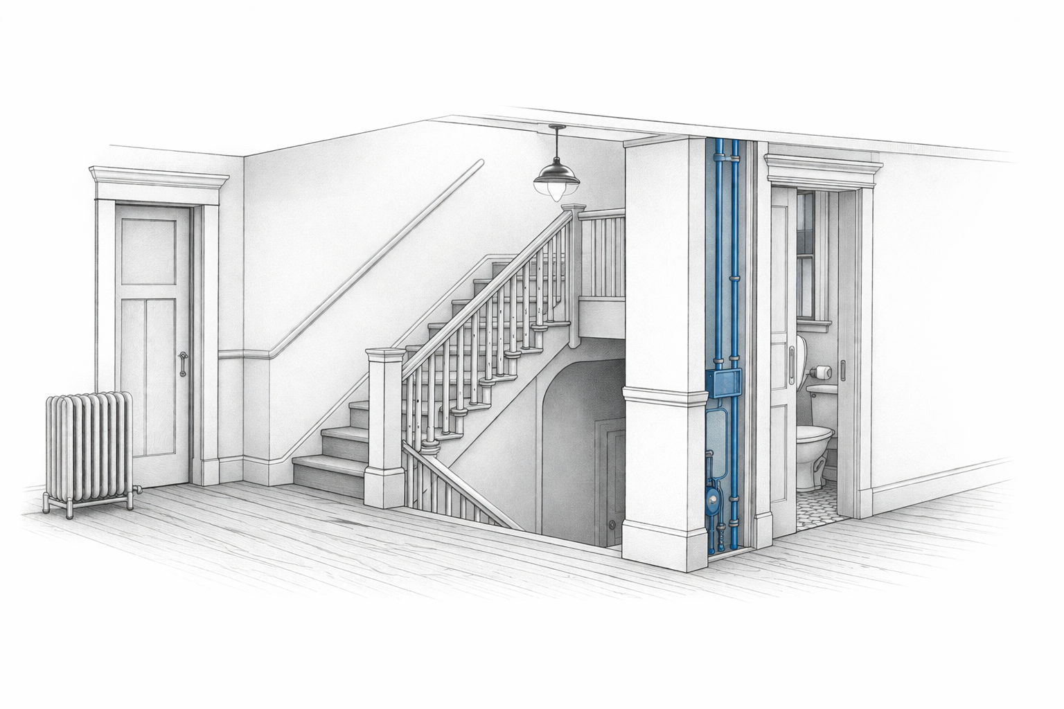 Cutaway diagram of a 1910s stair hall showing original trim, radiator, stairs, and floor retained while one service wall is selectively updated.