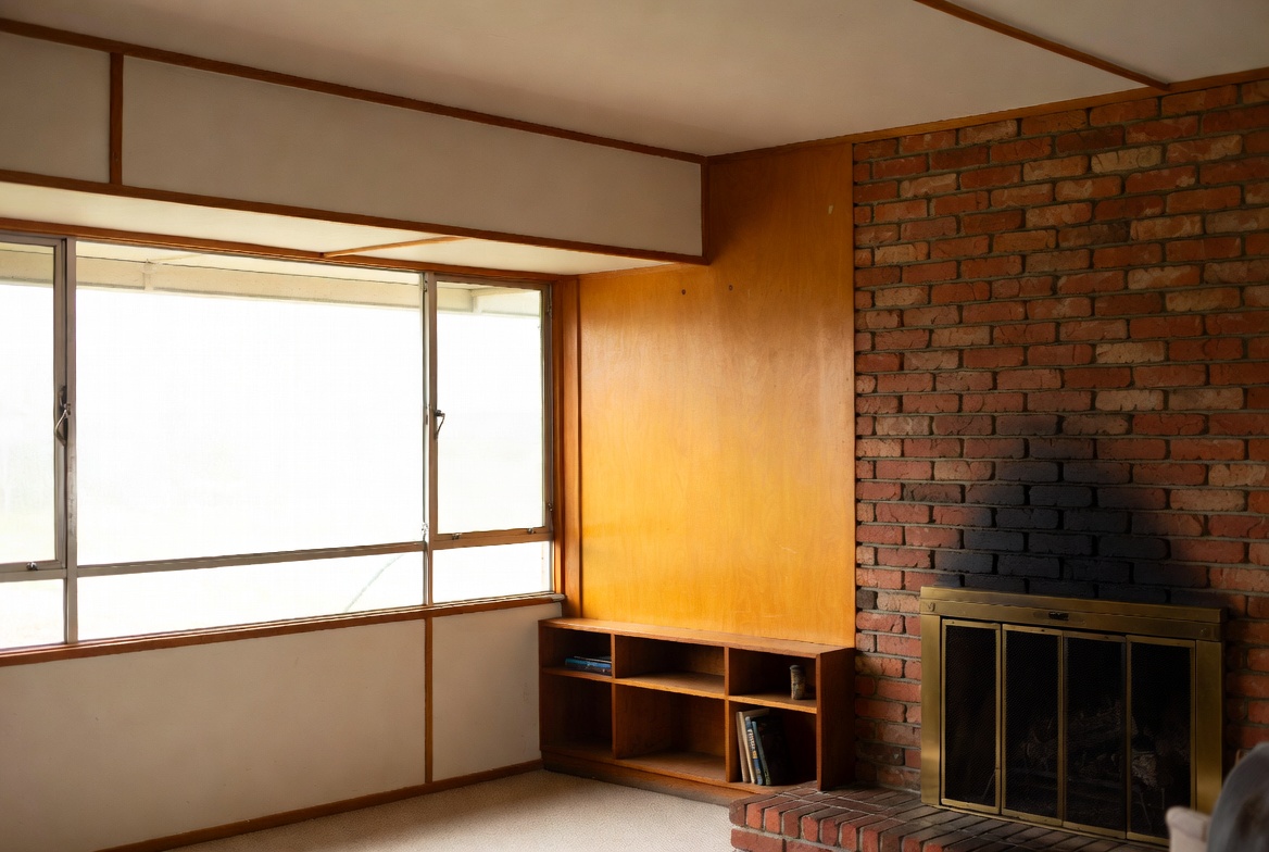 1960s living room with brick fireplace, wide window, and simple horizontal lines.