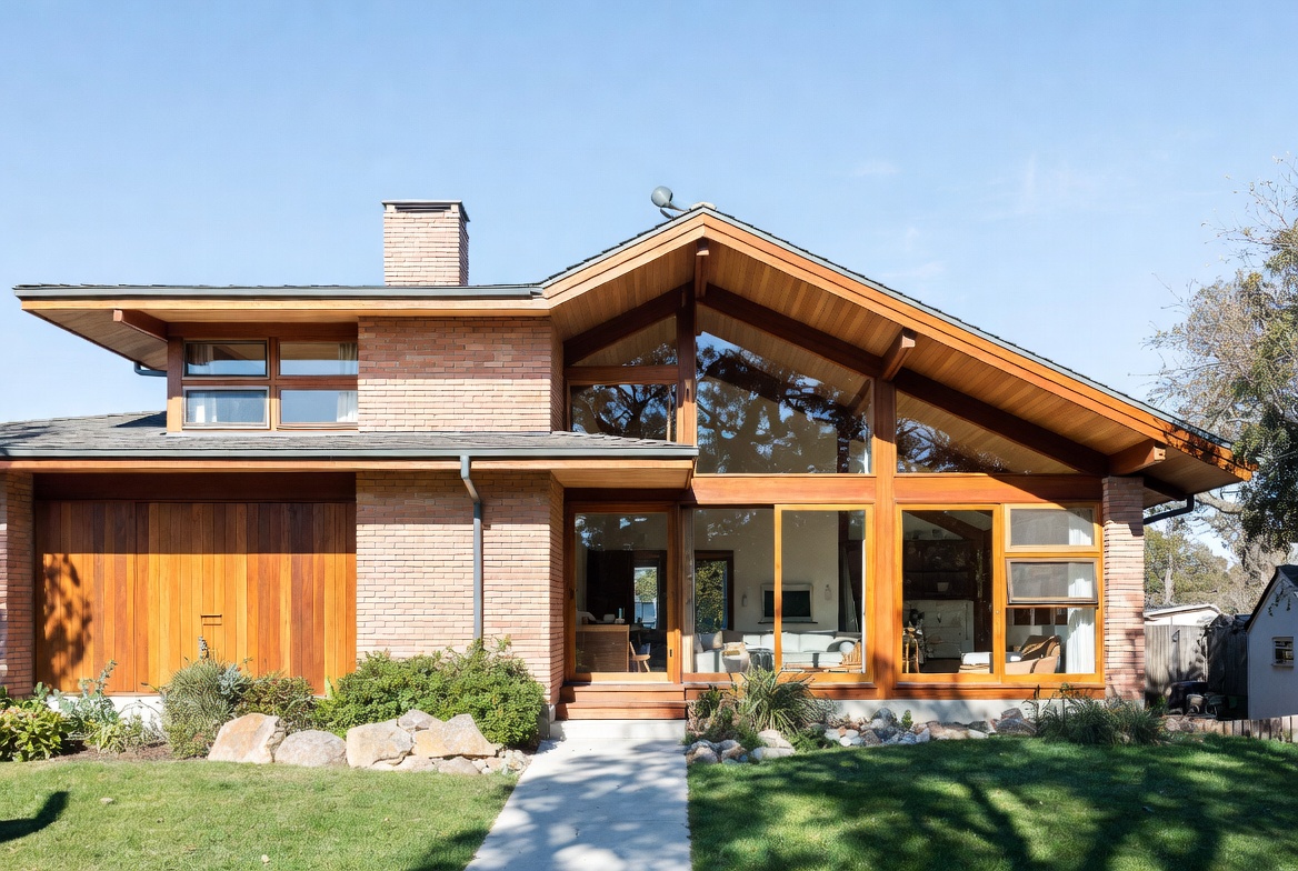 1960s modern house with low-pitched roof, wide overhangs, and large glass openings.