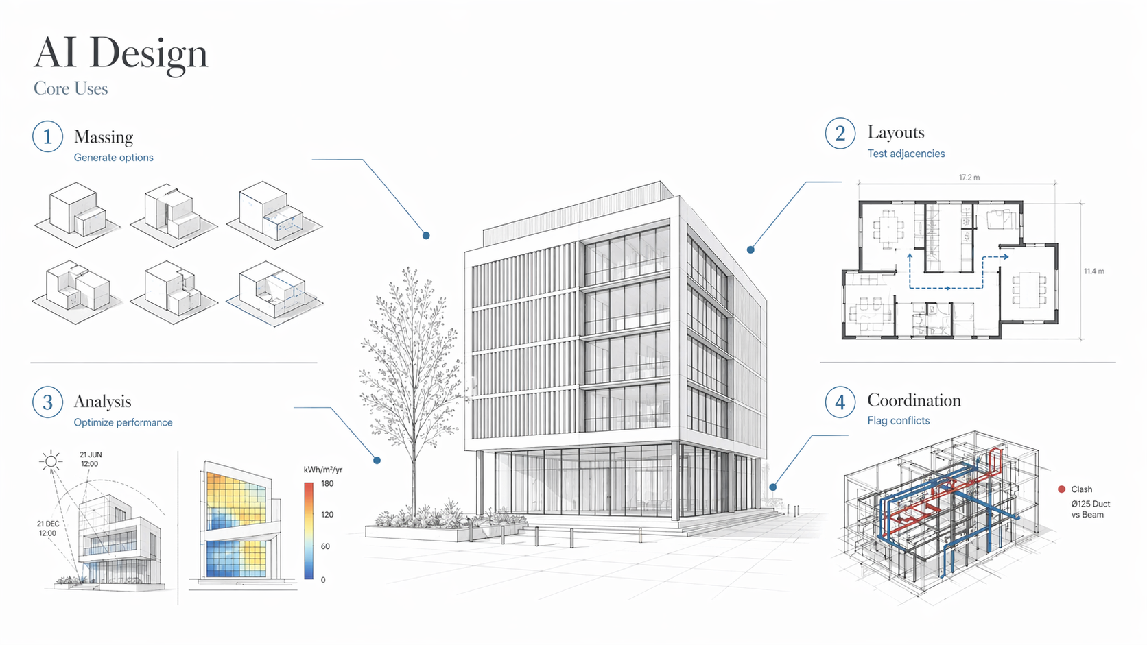 Editorial infographic showing four core uses of AI in building design: massing, layouts, analysis, and coordination.