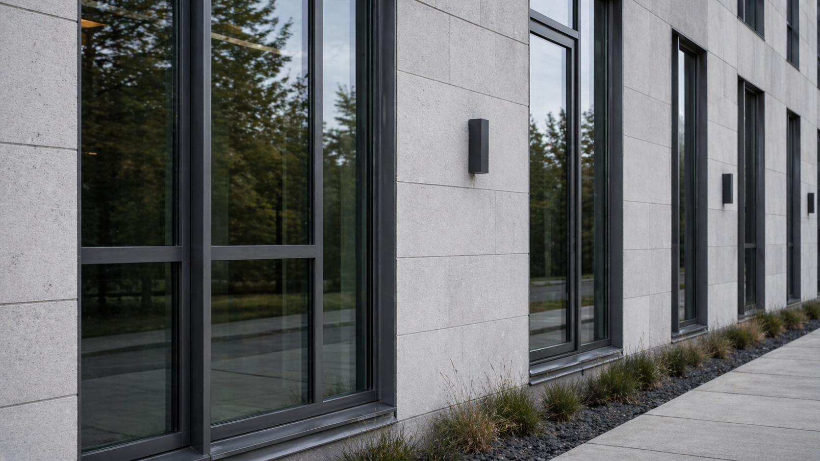 Modern facade with dark aluminum-framed windows set into light stone cladding.