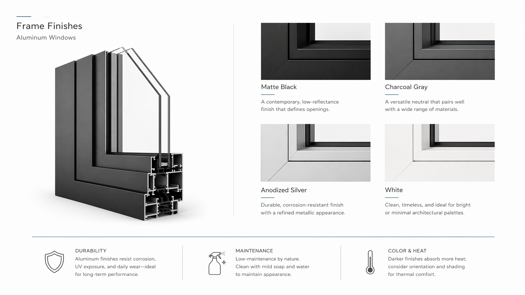 Aluminum window frame finishes showing matte black, charcoal gray, anodized silver, and white finish options.