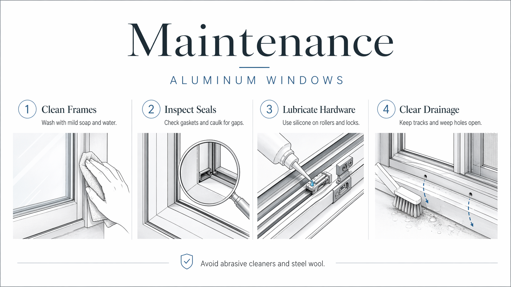 Aluminum window maintenance guide showing cleaning frames, checking seals, lubricating hardware, and keeping drainage holes clear.