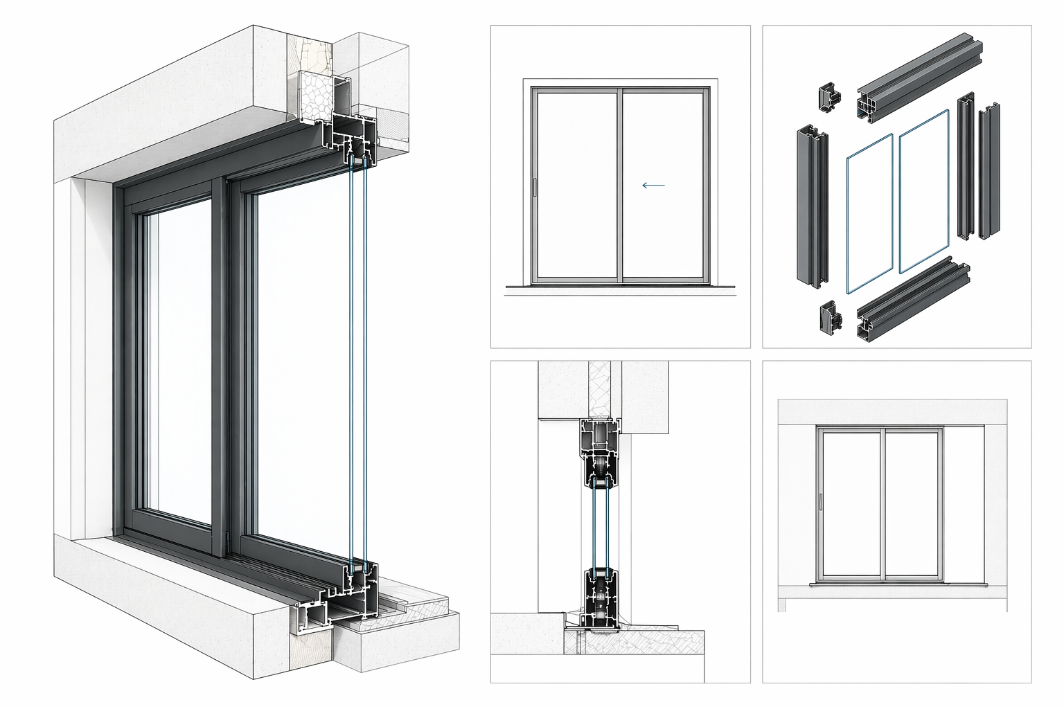 Aluminum sliding window system detail showing frame sections, glazing, exploded components, and installation views.