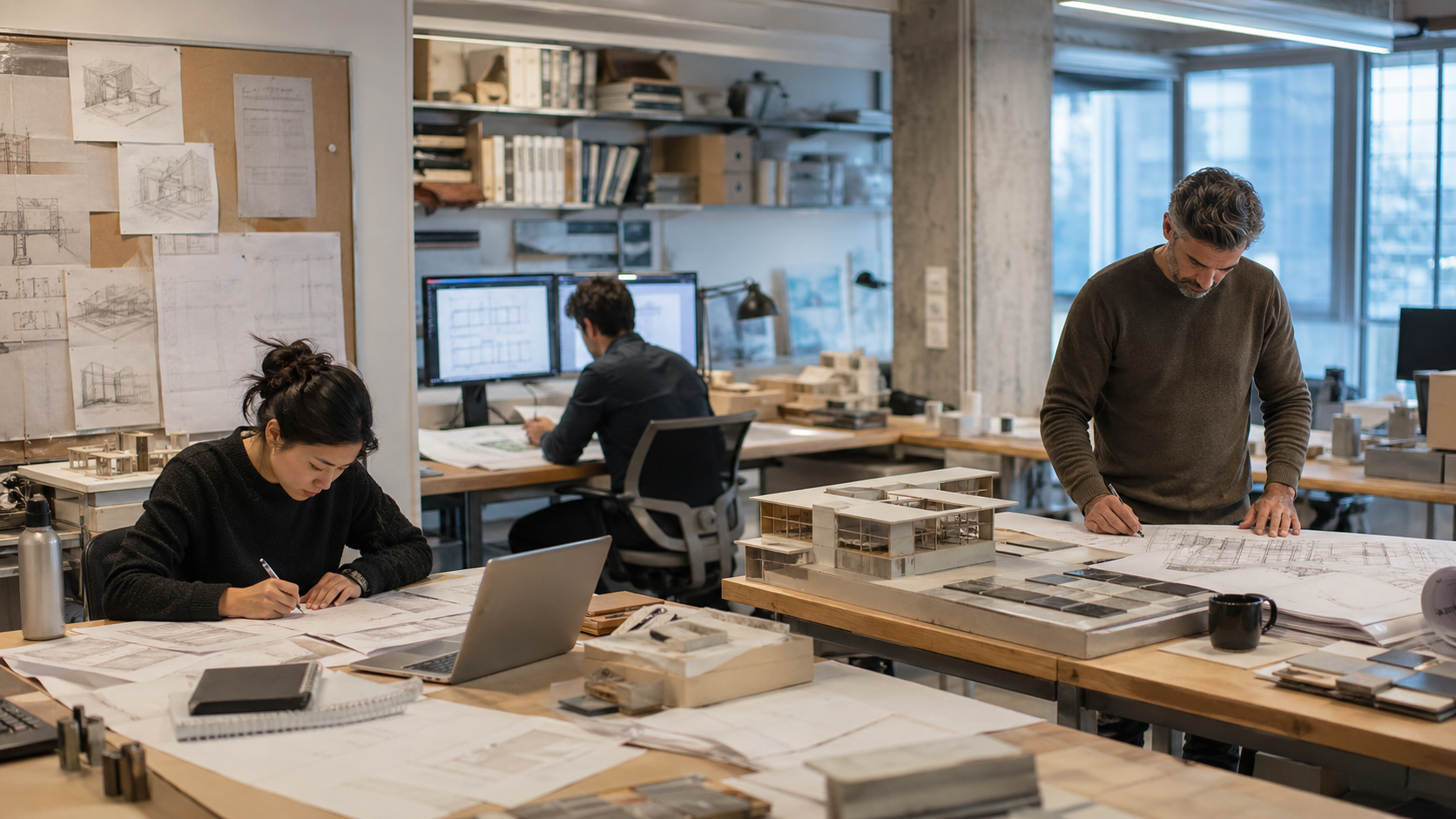 Architecture student and working professionals reviewing drawings, models, and documents in a realistic studio.