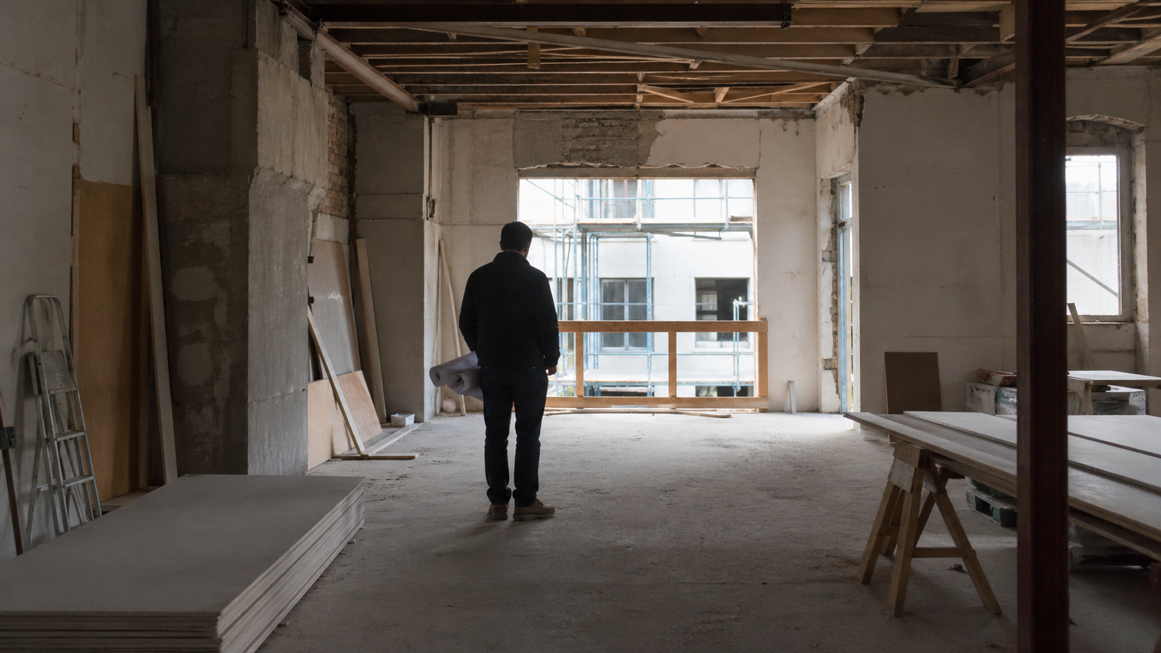 Architect standing alone inside a rough unfinished building interior, facing away from the camera.