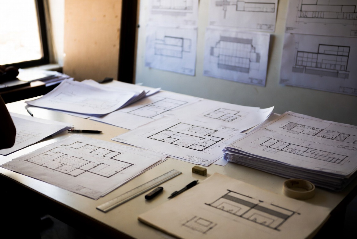 Architectural drawing sheets spread across a studio desk with plans and elevations pinned on the wall.