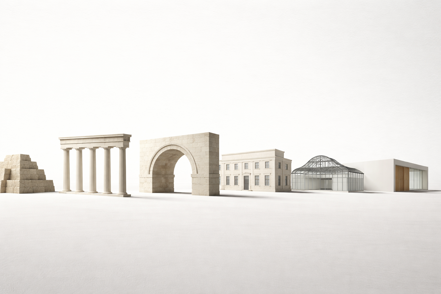 Architectural history sequence showing ancient, classical, arch, industrial glass, and modern forms.