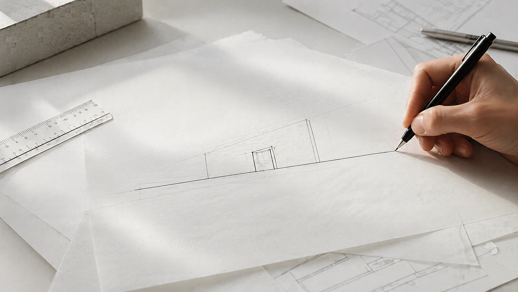 Hand drawing a clean architectural line on trace paper with a pen.
