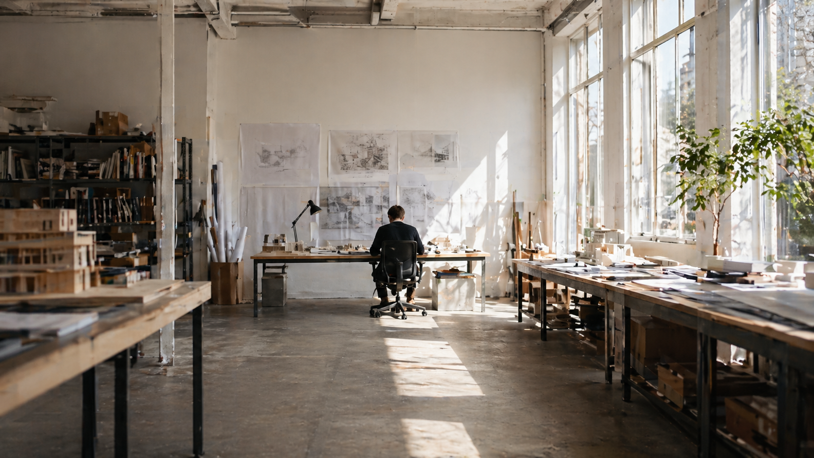 Architect working alone in a quiet studio with drawings, models, and natural light.
