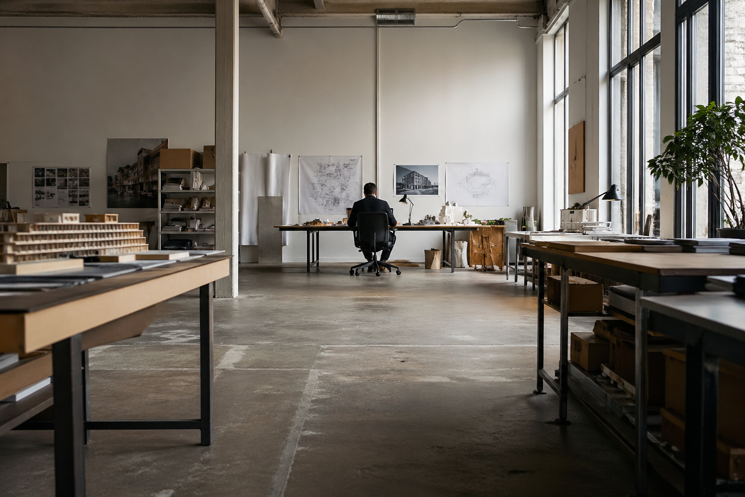 Architect working alone in a bright architecture studio with models, drawings, and drafting tables.