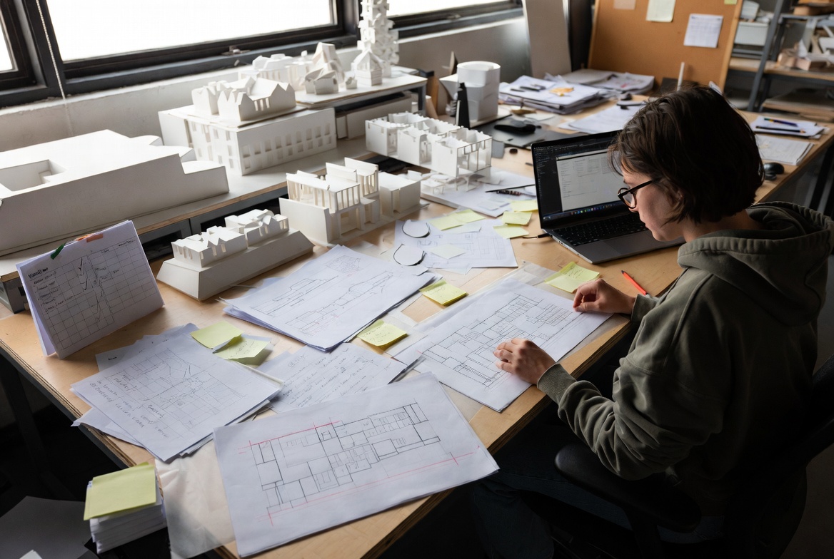 An architecture student reviewing pinned plans, sections, and a model during a studio critique.