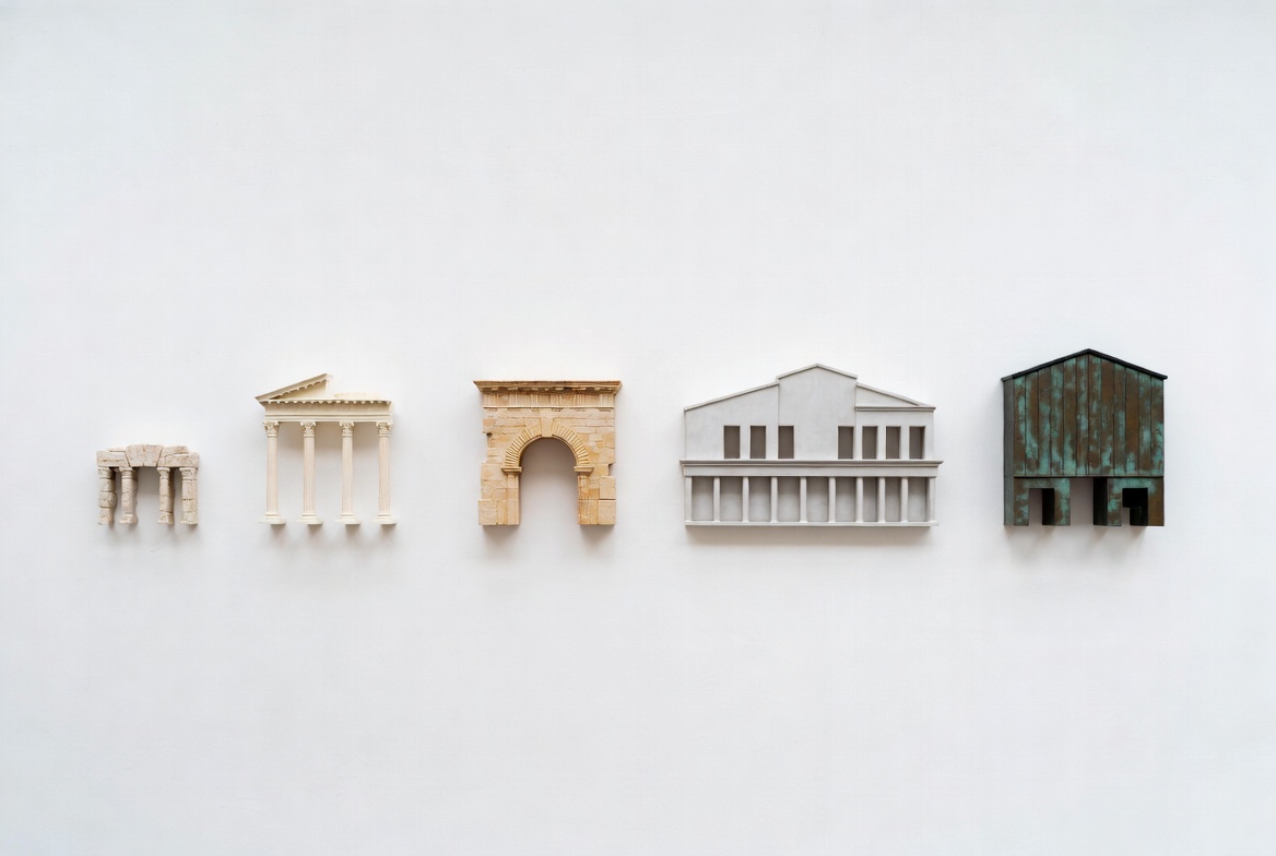 Simplified architectural eras shown as massing studies from ancient to modern forms.