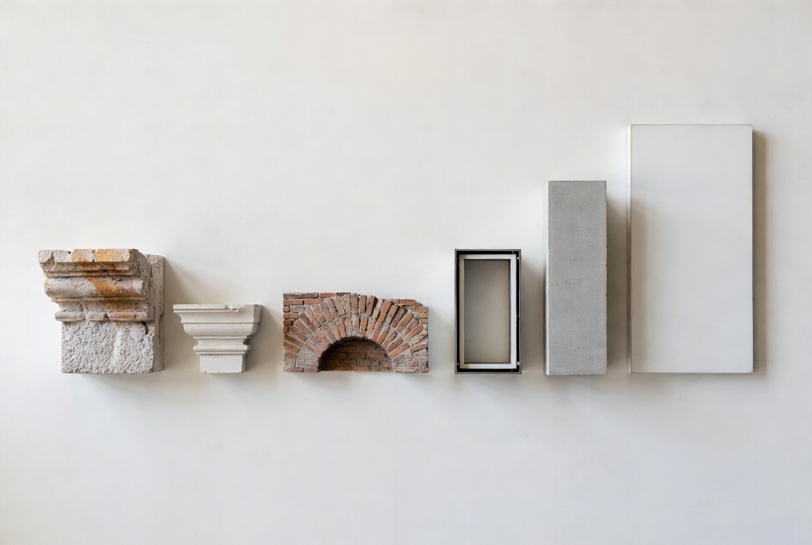 Architectural fragments showing stone ornament, brick arch, metal frame, concrete, and modern wall panel.