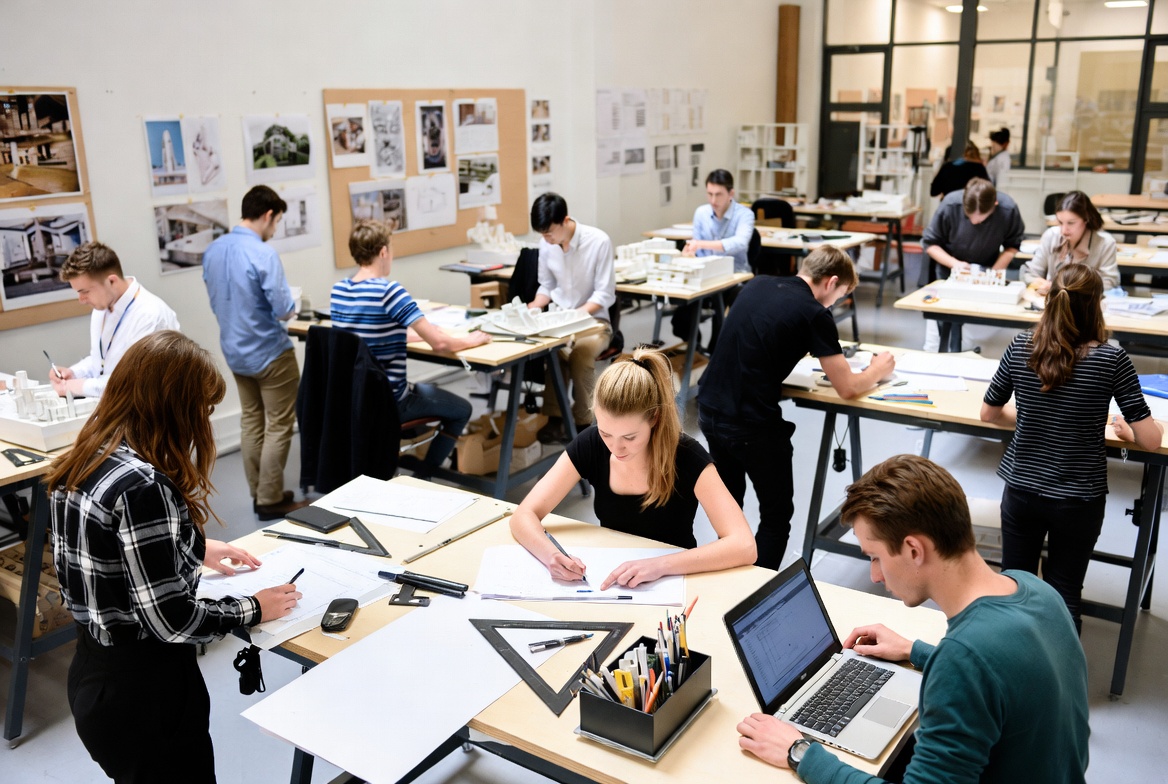 Architecture students working together around a studio table with drawings, models, laptops, and shared project materials.
