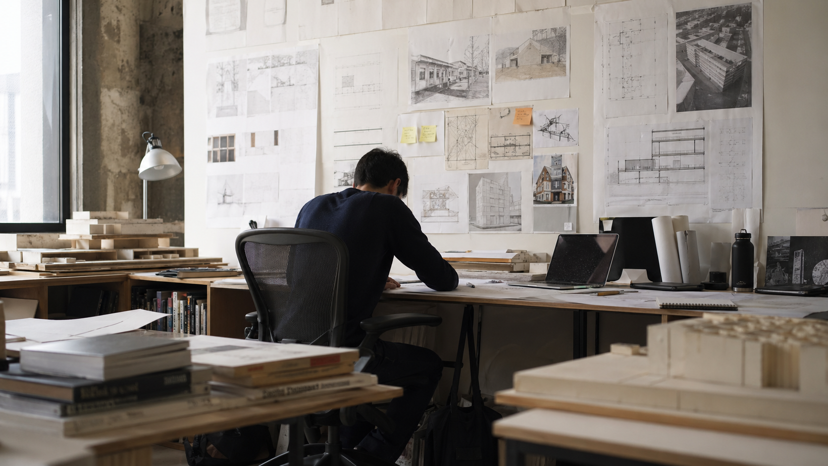 Architecture student working alone at a desk with drawings, books, models, and a laptop.