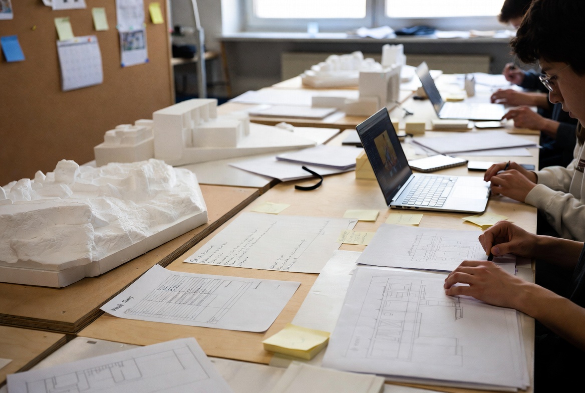 Architecture studio desk with drawings, models, laptops, and notes arranged for project work.