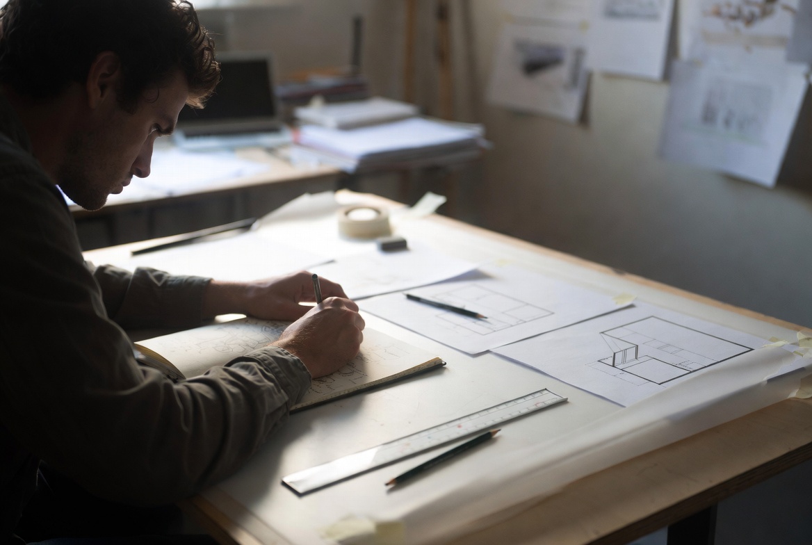 Architecture student sketching at a desk with plan drawings, rulers, and pinned studies nearby.