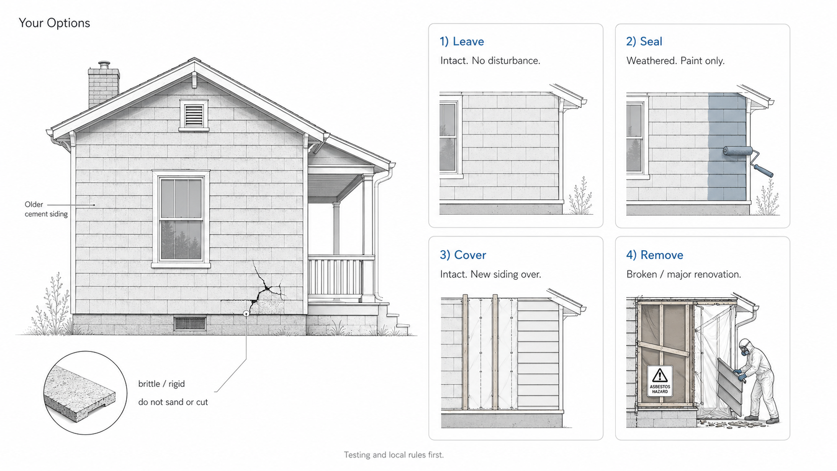 Diagram showing four options for older asbestos-cement siding: leave, seal, cover, or remove.