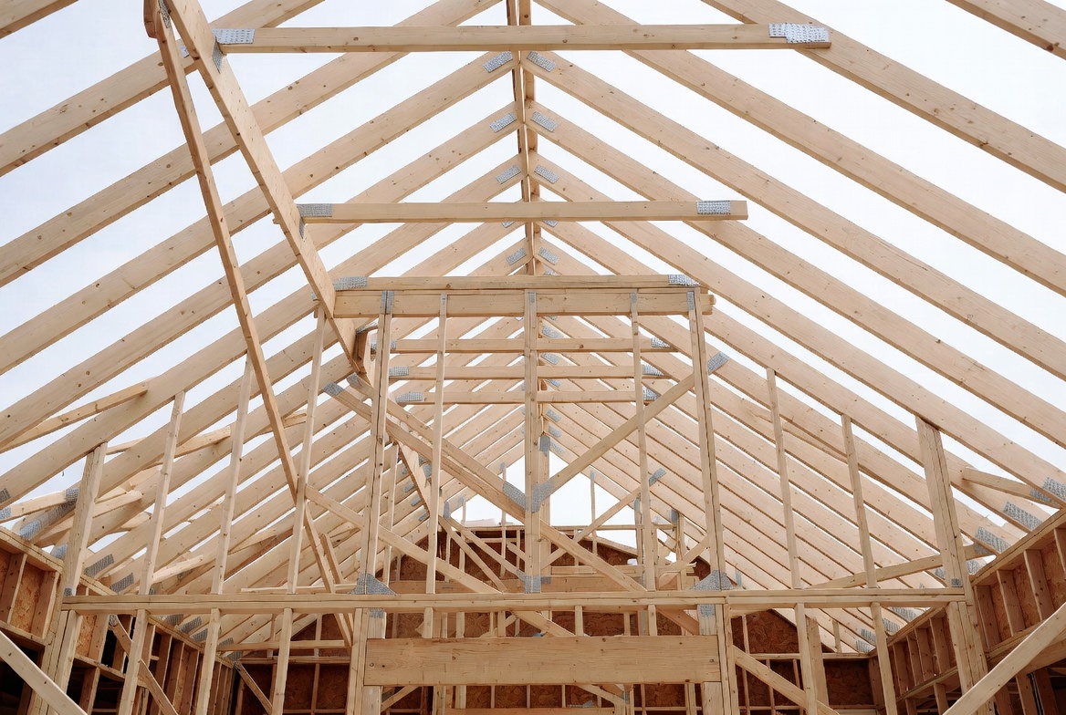 Interior roof framing with attic-style truss geometry and internal bracing inside a house under construction.
