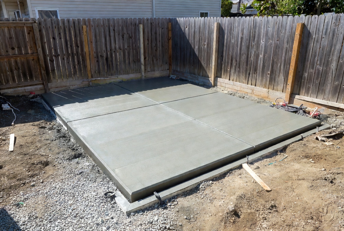 Finished residential concrete pad in a backyard with compacted gravel around the edges.