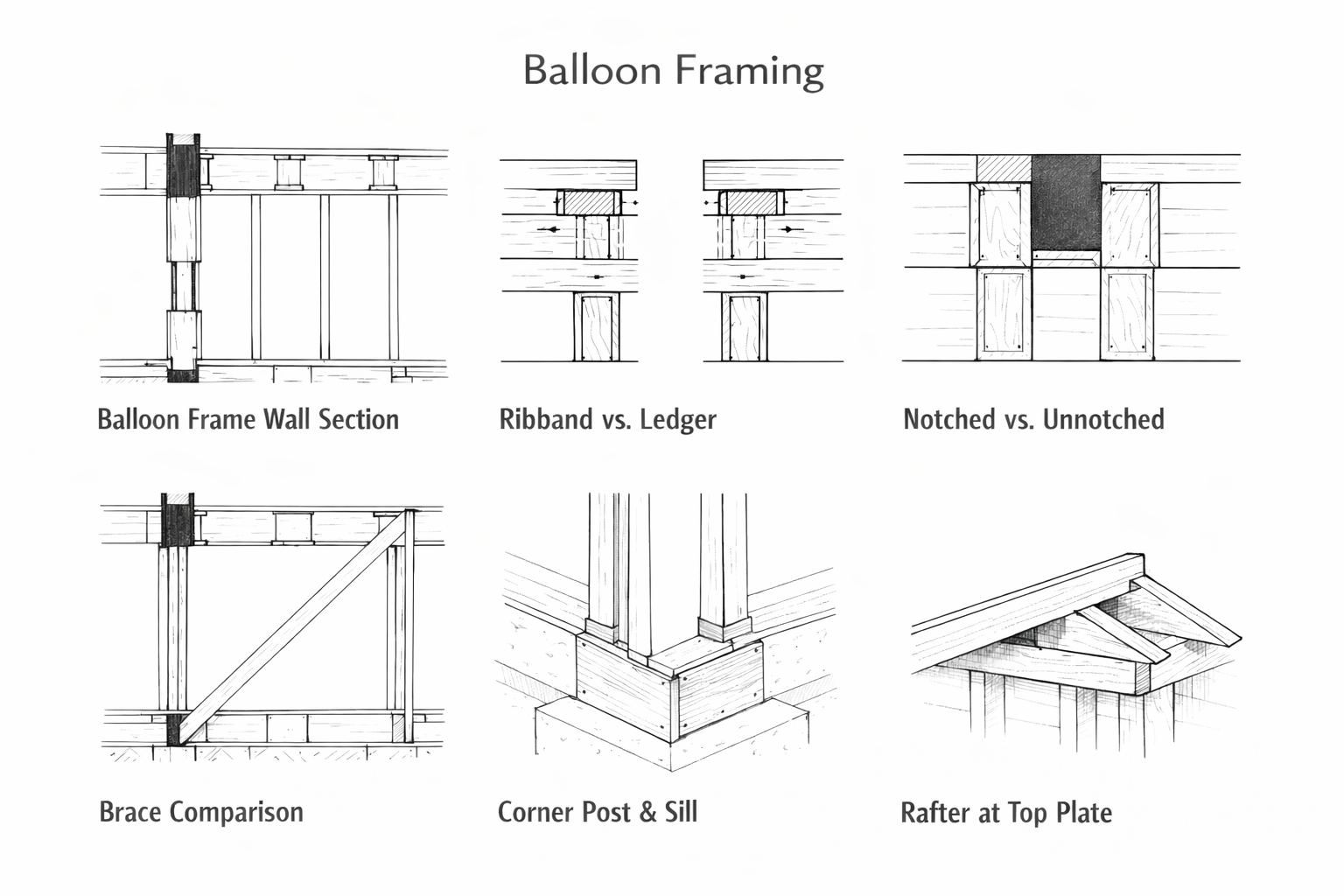 Balloon framing plate showing wall section, ribband vs ledger, notched studs, bracing, corner post, and rafter detail.