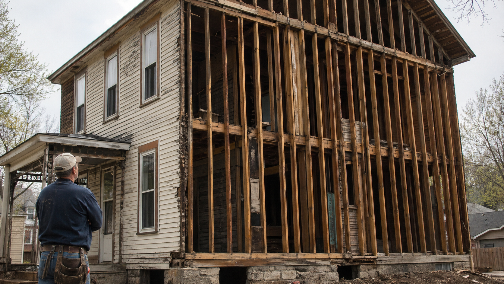 Older balloon-framed house opened during renovation, showing continuous studs and floor framing inside the wall.