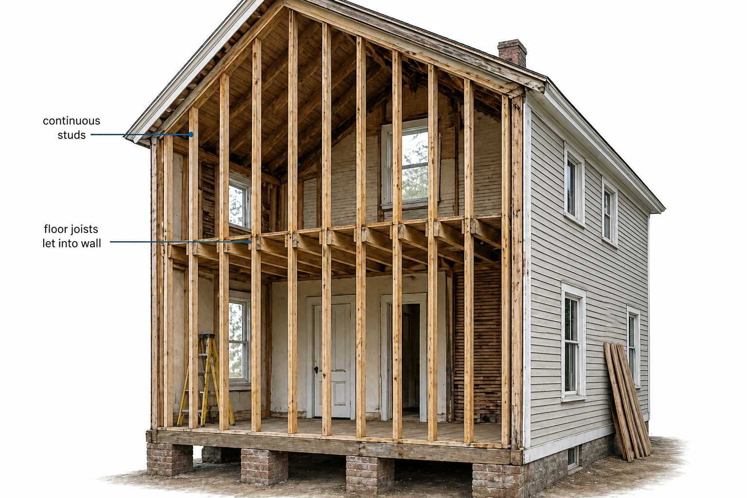 House under renovation with one exterior wall removed, showing continuous balloon-frame studs and second-floor joists let into the wall.
